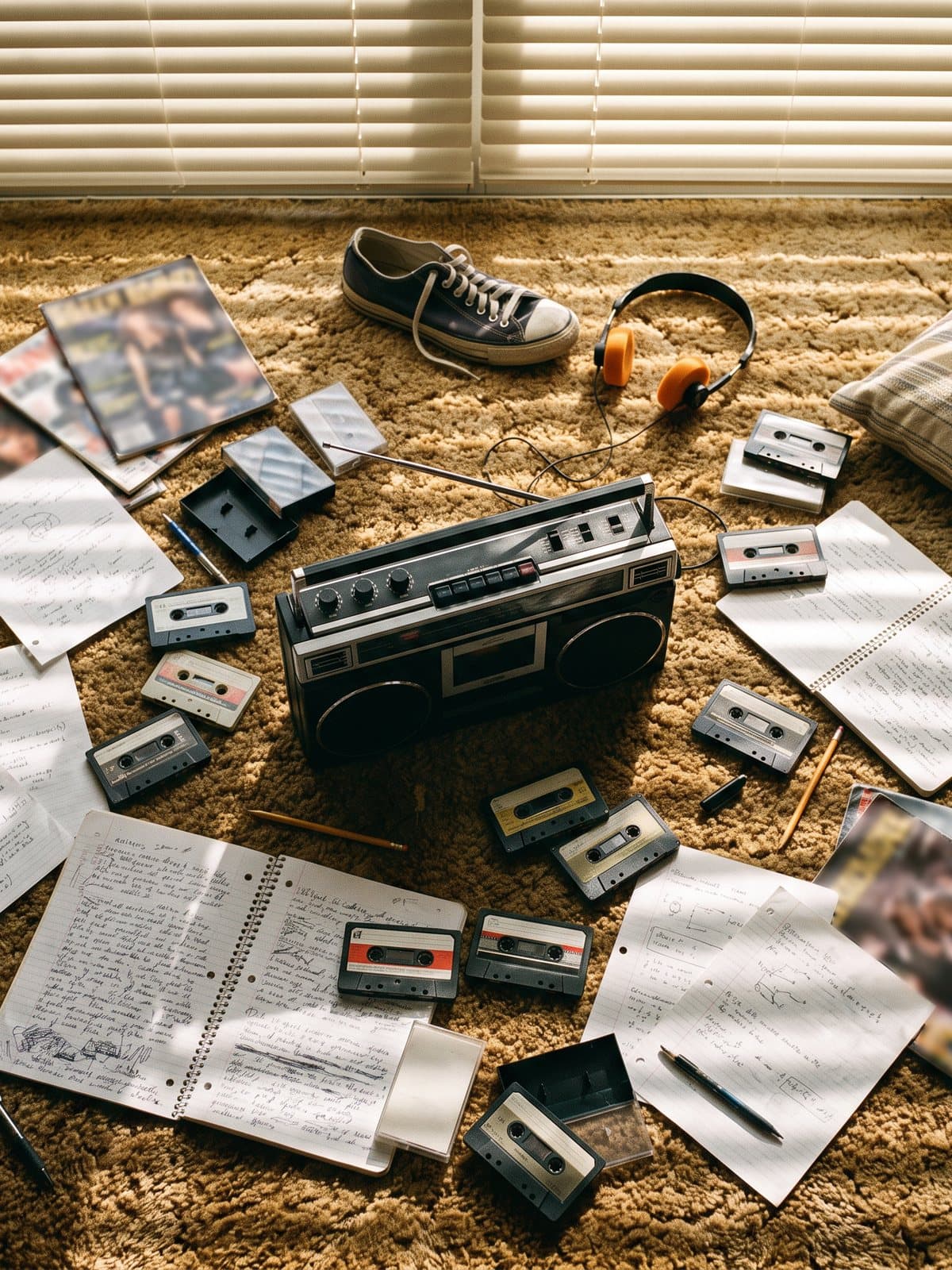 A teenager's bedroom floor covered in tapes, notebooks and a stereo with headphones