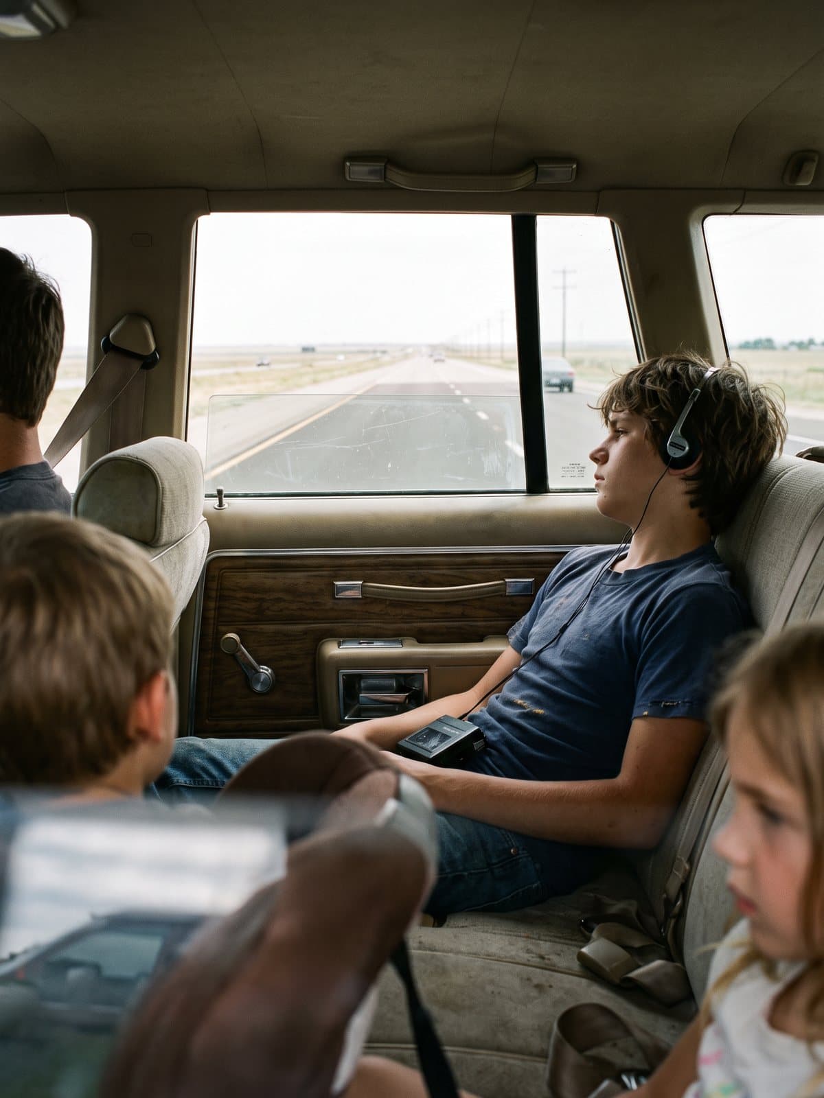 A teenager in the back seat of a family car staring out the window