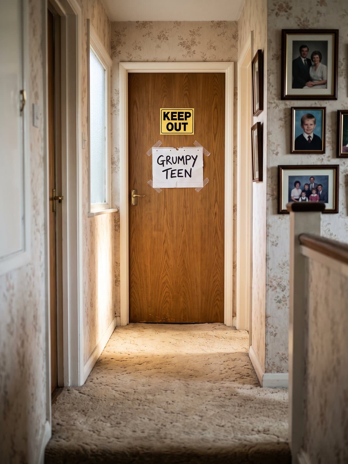 A closed bedroom door at the end of a carpeted hallway with a handwritten sign taped to it