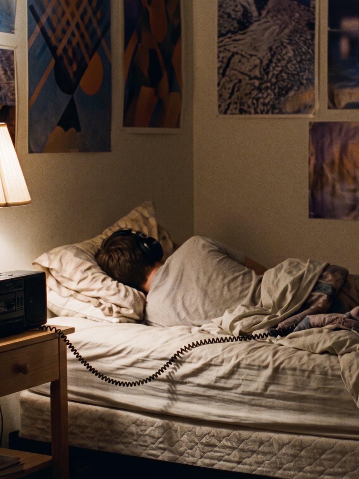 A teenager lying on a bed facing the wall wearing large headphones
